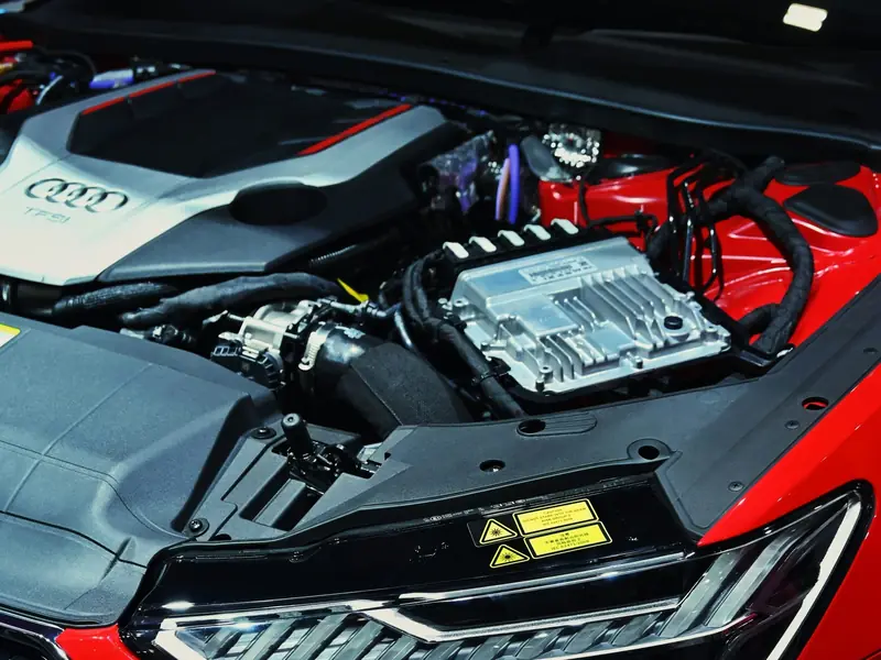 The engine bay of a modern car